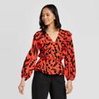 Women's Floral Print Long Sleeve V-neck Ruffle Blouse - Who What Wear Red
