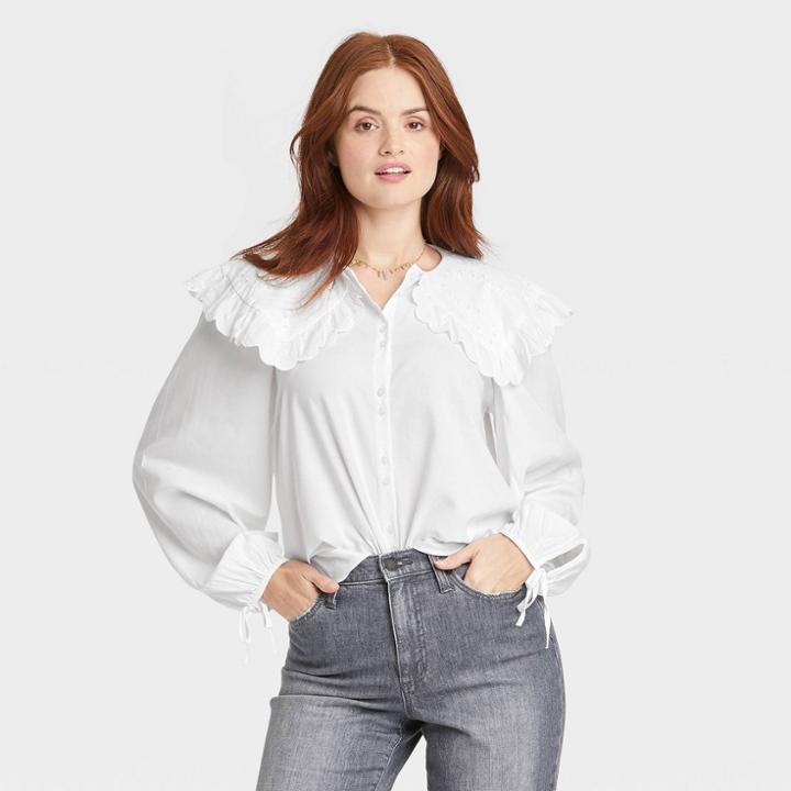 Women's Balloon Long Sleeve Embroidered Button-down Shirt - Universal Thread White