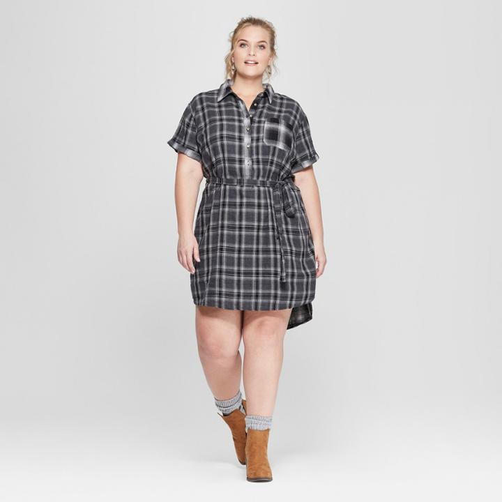 Women's Plus Size Plaid Short Sleeve Shirt Dress - Universal Thread Black