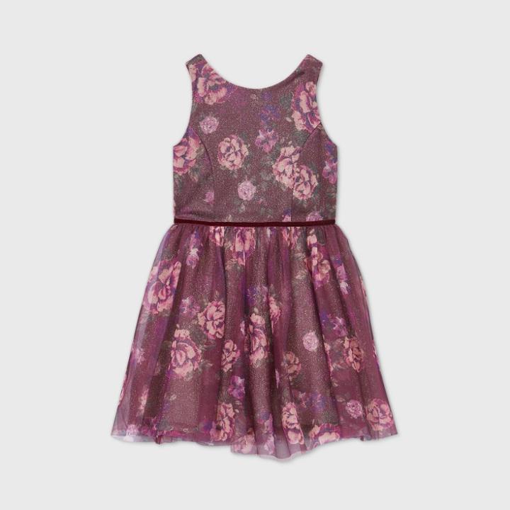 Zenzi Girls' Shimmer Floral Tulle Dress - Burgundy