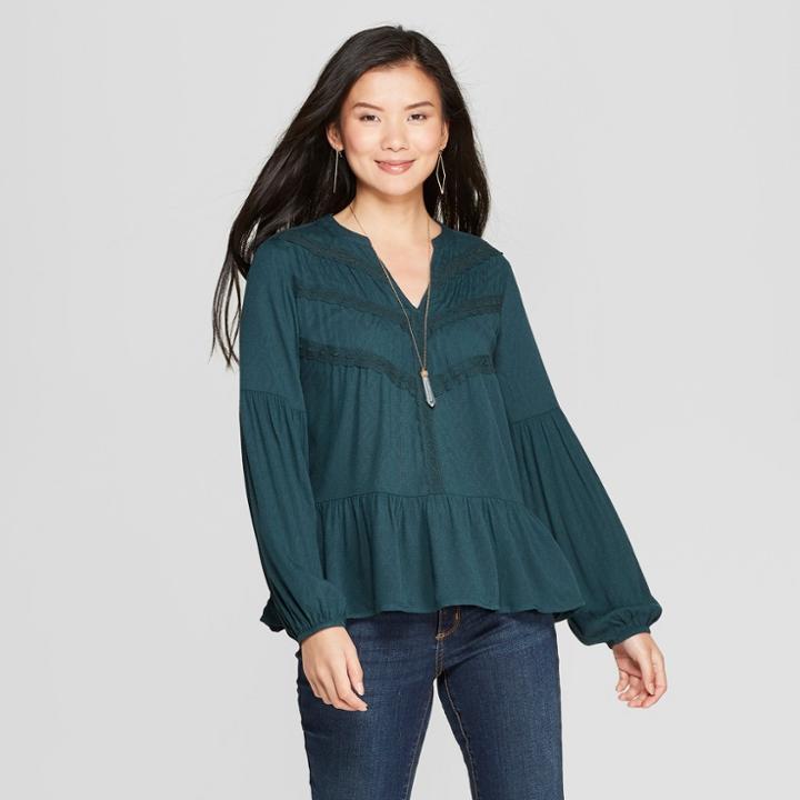 Women's Long Sleeve Lace Trim Peplum Top - Knox Rose Forest Green