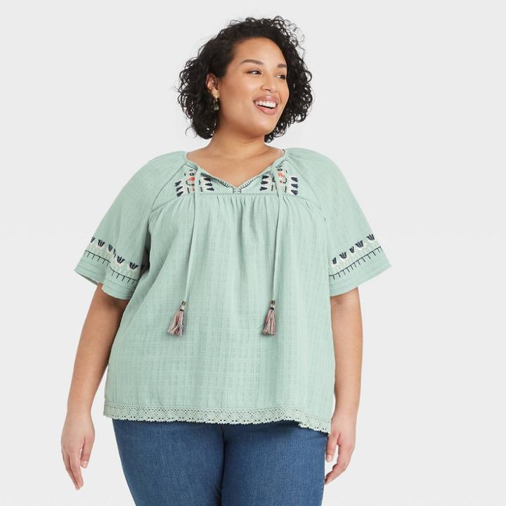Women's Plus Size Short Sleeve Embroidered V-neck Top With Tassels - Knox Rose