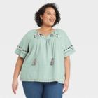 Women's Plus Size Short Sleeve Embroidered V-neck Top With Tassels - Knox Rose