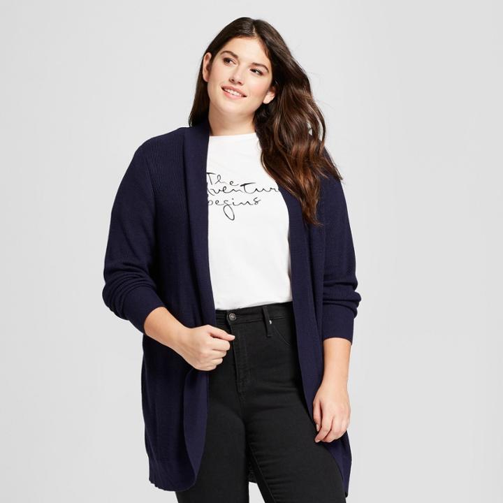 Women's Plus Size Long Sleeve Textured Cardigan - A New Day Navy (blue)