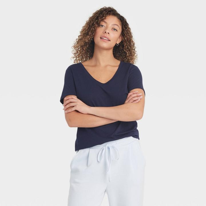 Women's Short Sleeve V-neck T-shirt - A New Day Navy
