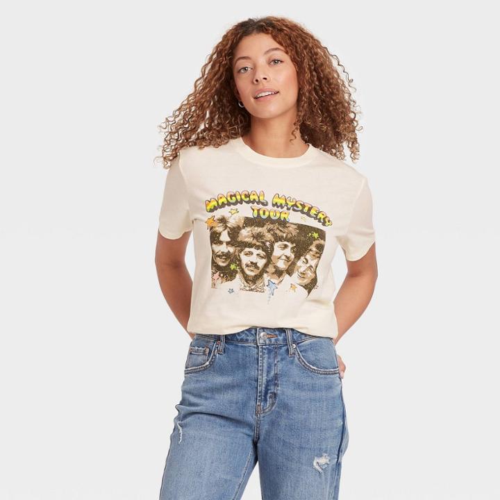 Women's The Beatles Short Sleeve Graphic Boyfriend T-shirt - Off White