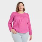 Women's Plus Size Puff Long Sleeve Eyelet Top - Universal Thread Pink