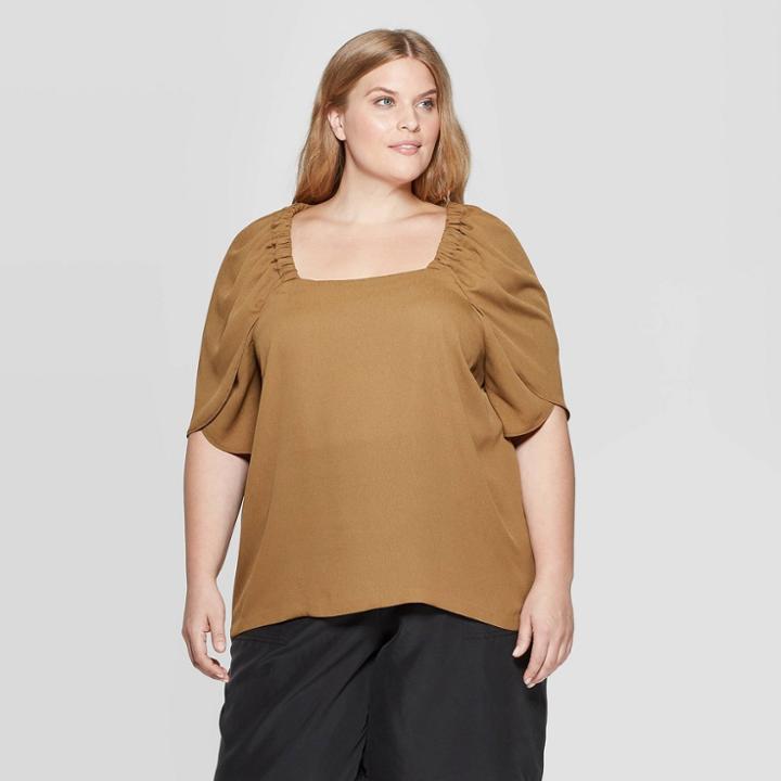 Women's Plus Size Elbow Flutter Sleeve Elastic Neck Blouse - Prologue Brown