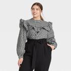 Women's Plus Size Long Sleeve Ruffle Yoke Top - A New Day Black Gingham Check
