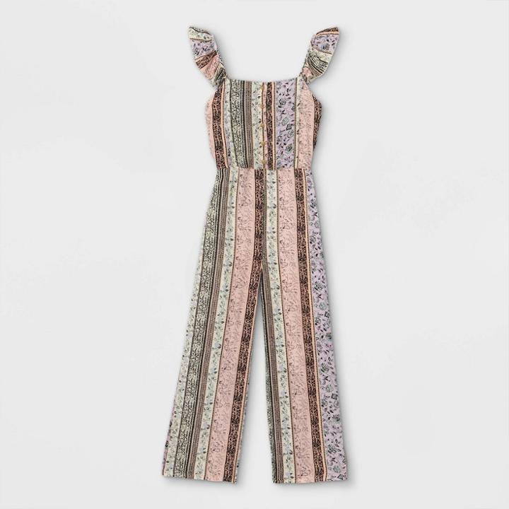Girls' Button-front Ruffle Shoulder Sleeveless Jumpsuit - Art Class Xs,