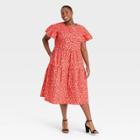 Women's Plus Size Floral Print Flutter Short Sleeve A-line Dress - Who What Wear Red