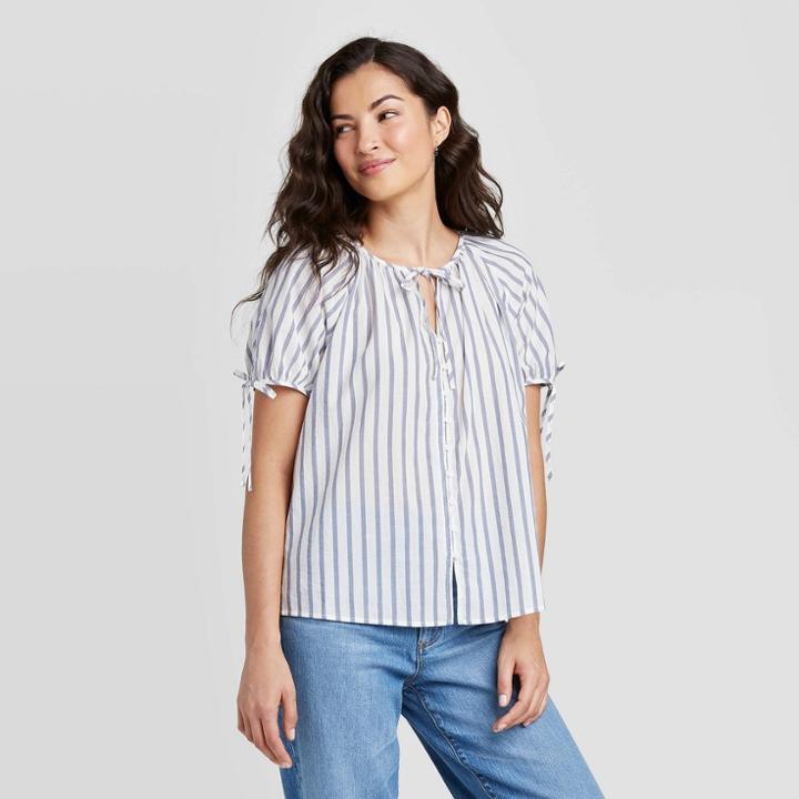 Women's Striped Short Sleeve V-neck Button-front Top - Universal Thread Blue