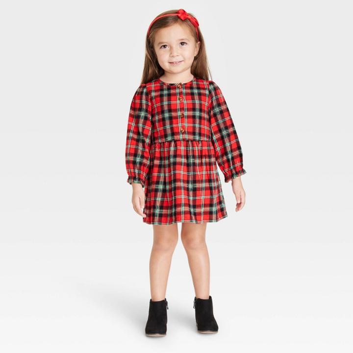 Toddler Girls' Plaid Long Sleeve Dress - Cat & Jack Red