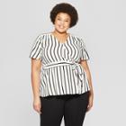 Women's Plus Size Striped Short Sleeve Smocked Shoulder Wrap Top - Ava & Viv Black/white