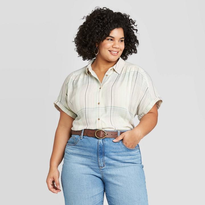 Women's Plus Size Plaid Short Sleeve Collared Camp Shirt - Universal Thread Green 1x, Women's,