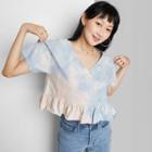 Women's Short Sleeve V-neck Peplum Cropped T-shirt - Wild Fable Blue Tie-dye