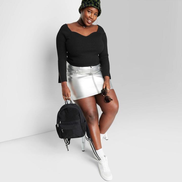 Women's Plus Size Sweetheart Neck Fitted Pullover Sweater - Wild Fable Black