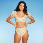 Women's Puff Sleeve Bikini Top - Wild Fable Green Daisy Print Xxs
