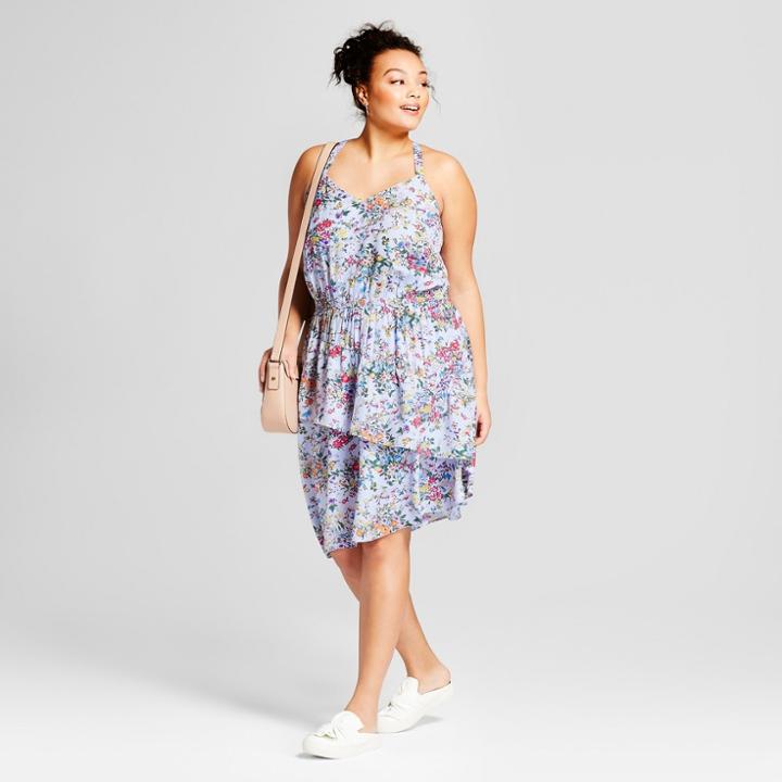 Women's Plus Size Floral Print Sleeveless Ruffle Skirt Dress - A New Day Lavender