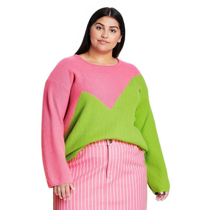 Women's Plus Size Crewneck Pullover Sweater - Victor Glemaud X Target Pink/green