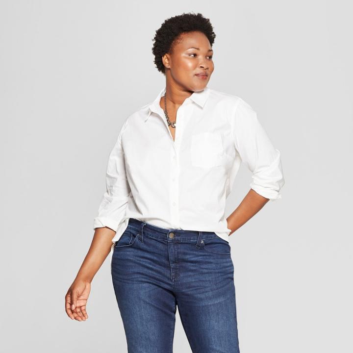 Women's Plus Size No Gap Button-down Long Sleeve Shirt - Ava & Viv White