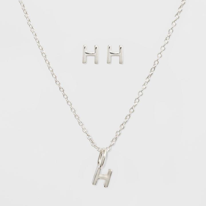 Sterling Silver Initial H Earrings And Necklace Set - A New Day Silver, Girl's,