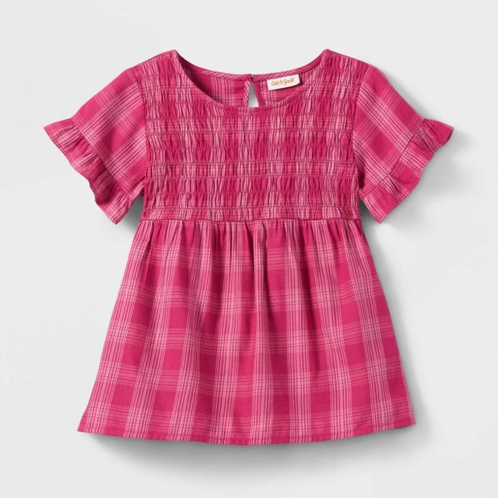 Girls' Floral Short Sleeve Smocked Woven Shirt - Cat & Jack Dark Pink
