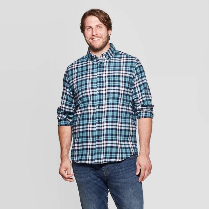 Men's Big & Tall Plaid Long Sleeve 1-pocket Flannel Button-down Shirt - Goodfellow & Co Endless Ocean 3xbt, Men's, Endless Blue