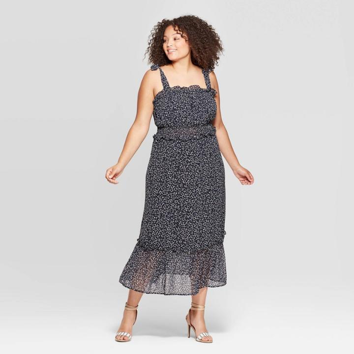 Women's Plus Size Floral Print Sleeveless Square Neck Shoulder Tie Column Dress - Who What Wear Black