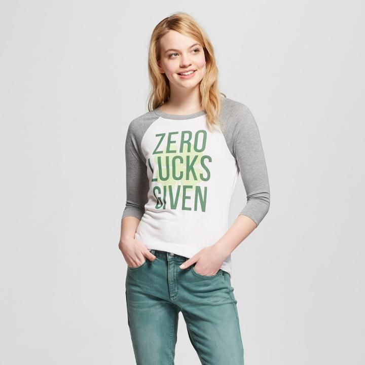 Women's Zero Lucks Given 3/4 Sleeve Raglan Graphic T-shirt - Modern Lux (juniors') - White