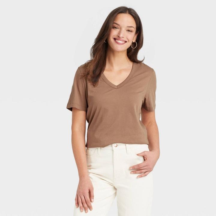 Women's Short Sleeve V-neck T-shirt - Universal Thread Light Brown