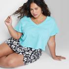 Women's Plus Size Short Sleeve Boxy Cropped V-neck T-shirt - Wild Fable Aqua Blue