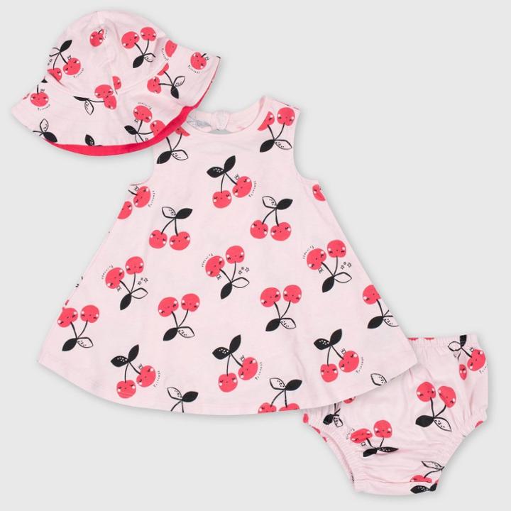 Gerber Baby Girls' 3pc Cherries Dress With Diaper Cover And Sun Hat - Pink