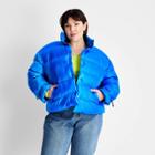 Women's Plus Size Glossy Puffer Jacket - Future Collective With Kahlana Barfield Brown Blue