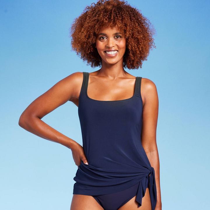 Women's Side-tie Tankini Top - Aqua Green Navy Blue
