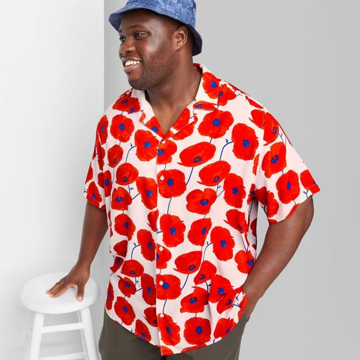 Adult Extended Size Floral Print Casual Fit Short Sleeve Button-down Shirt - Original Use White/floral