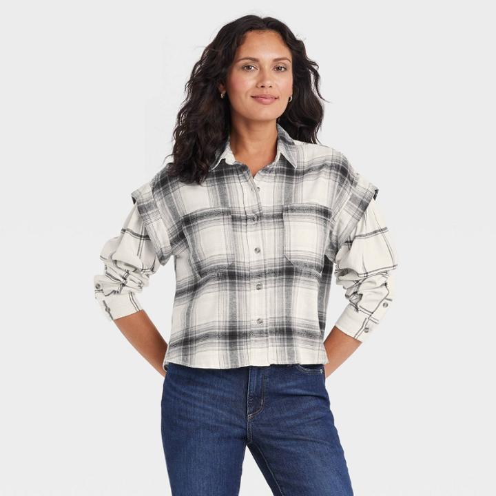 Women's Long Sleeve Flannel Button-down Shirt - Universal Thread Gray Plaid