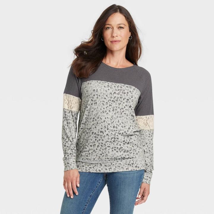 Women's Long Sleeve Blouse - Knox Rose Heather Gray Leopard Print