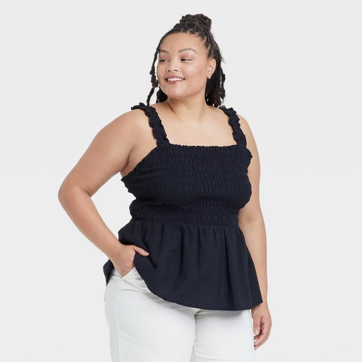 Women's Plus Size Smocked Peplum Tank Top - Ava & Viv Black X