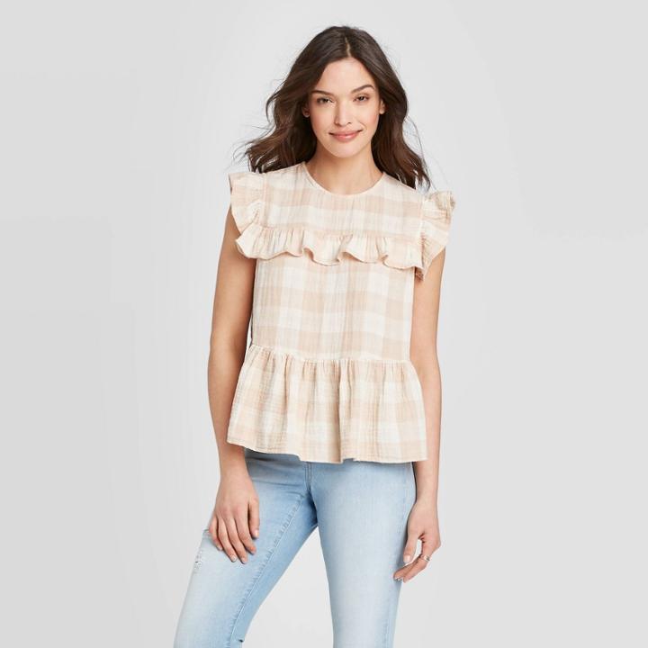 Women's Plaid Cap Sleeve Crewneck Ruffle Tank Top - Universal Thread Cream M, Women's, Size: