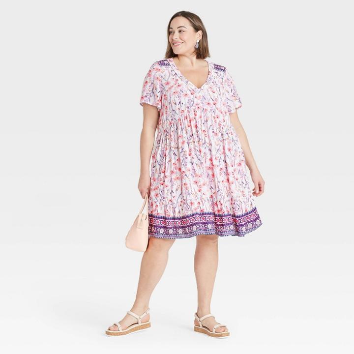 Women's Plus Size Floral Print Short Sleeve Shift Dress - Knox Rose White