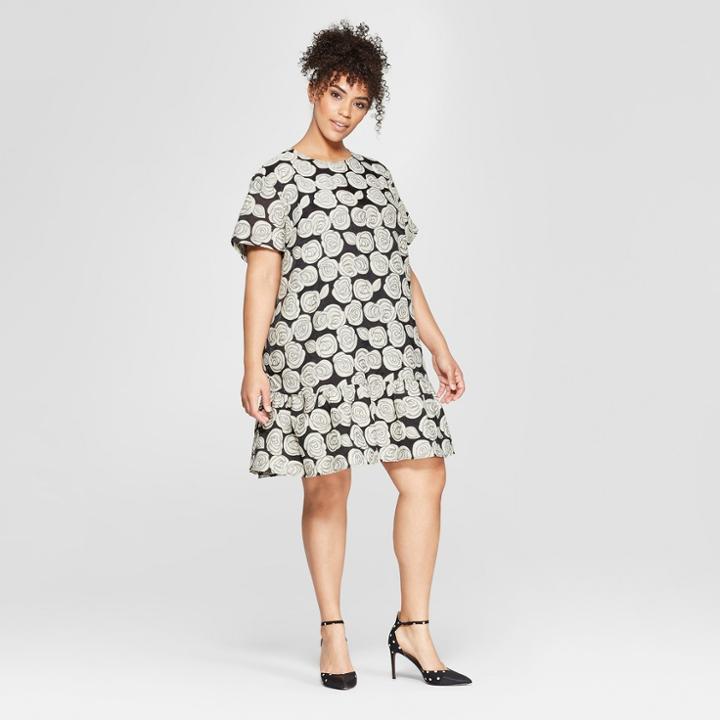 Women's Plus Size Floral Print Short Sleeve Brocade Mini Dress - Who What Wear Black
