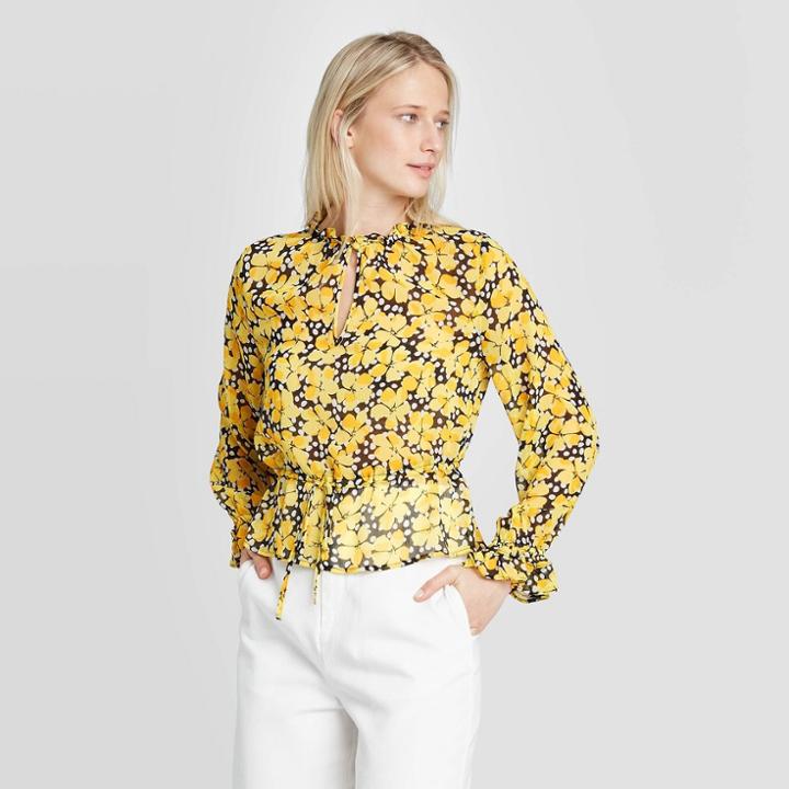 Women's Floral Print Long Sleeve Keyhole Neck Ruffle Detail Drawstring Blouse - Who What Wear Black