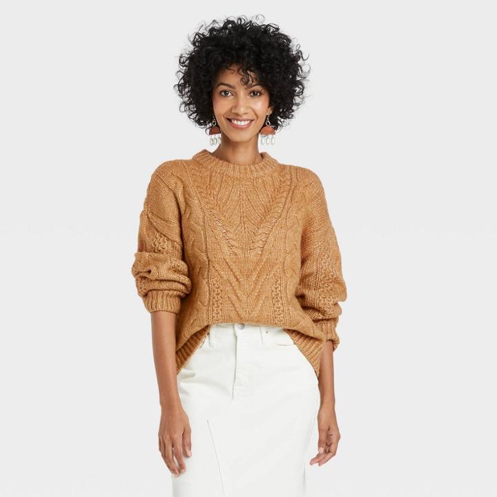Women's Crewneck Cable Stitch Pullover Sweater - A New Day Rust