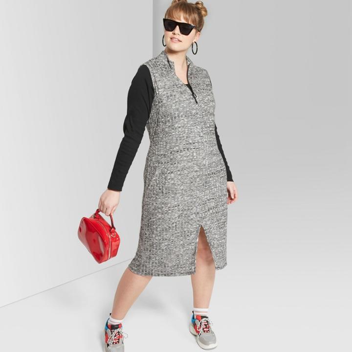 Women's Plus Size Sleeveless Zip Front Knit Midi Dress - Wild Fable Black/white