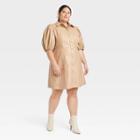Women's Plus Size Puff Short Sleeve Faux Leather A-line Dress - A New Day Brown