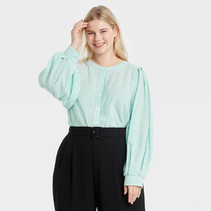Women's Plus Size Striped Long Sleeve Button-down Femme Top - A New Day Green