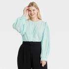 Women's Plus Size Striped Long Sleeve Button-down Femme Top - A New Day Green
