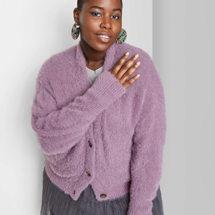 Women's Plus Size Fuzzy Cropped Button-front Cardigan - Wild Fable Soft Amethyst 2x, Size:
