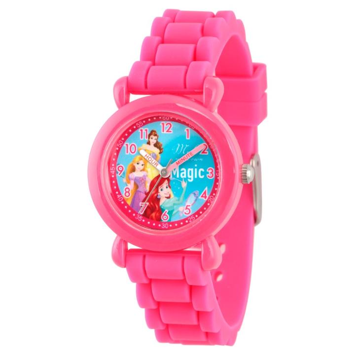 Girls' Disney Princess Ariel, Belle And Rapunzel Pink Plastic Time Teacher Watch - Pink, Girl's
